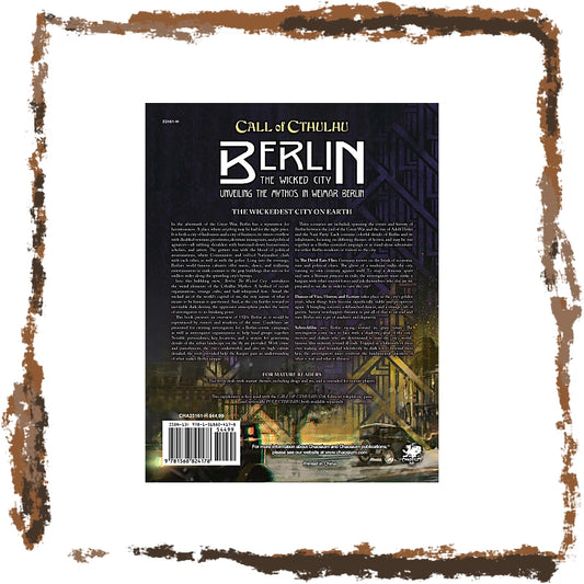 The back cover of the Call of Cthulhu: Berlin, featuring a dark, atmospheric illustration of a city street at night with a car and industrial structures, framed by a distressed brown border on a white background.