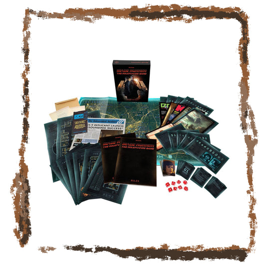 Collection of game books, cards, and dice with a decorative brown border.