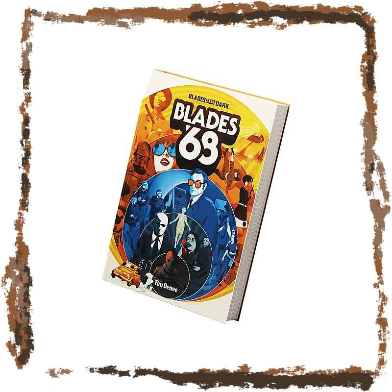 Blades '68 hardcover book by Ralph Fiennes, shown at an angle against a white background with a distressed brown frame border.