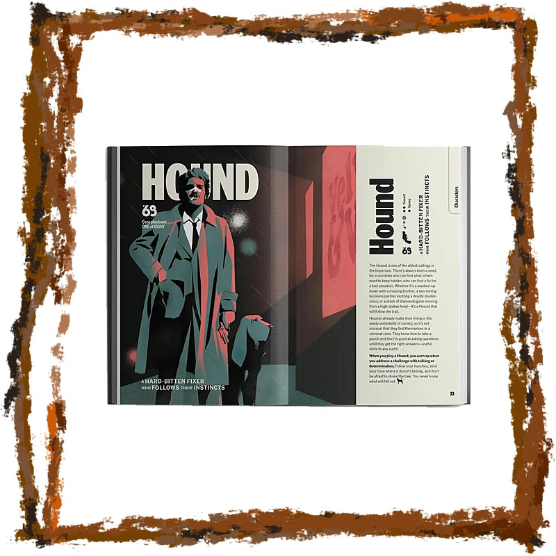 An open magazine or book spread titled 'HOUND' showing a stylized cover illustration of a man in a long coat and a hound, with text on both pages, centered on a white background with a distressed rust-colored border.
