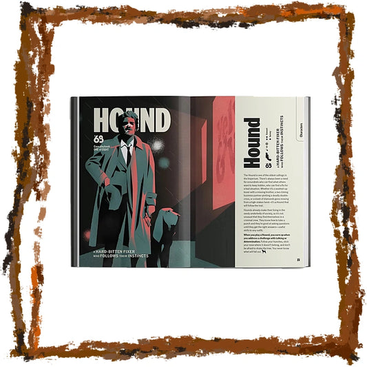 An open magazine or book spread titled 'HOUND' showing a stylized cover illustration of a man in a long coat and a hound, with text on both pages, centered on a white background with a distressed rust-colored border.