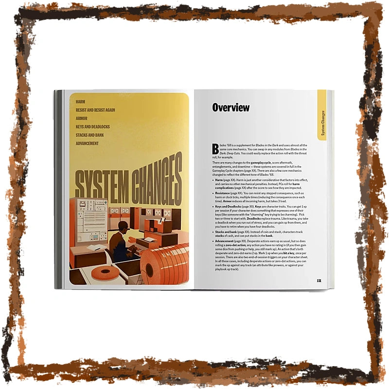An open book or magazine spread shown against a white background with a distressed brown border. The left page has a large yellow title panel reading 'SYSTEM CHANGES' with an illustrated office scene and list of names at the top.