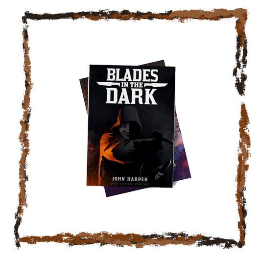 Book titled 'Blades in the Dark' by John Harper with a dark cover featuring a hooded figure.