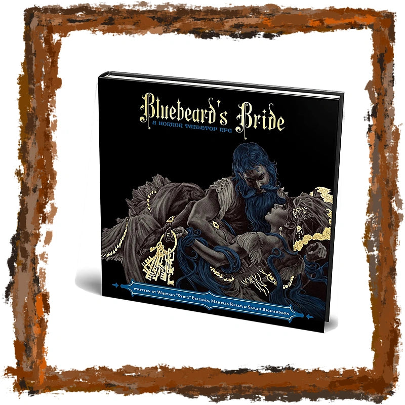 A boxed book or album cover titled "Bluebeard's Bride" shown at an angle on a white background with a distressed brown rustic border around the edges. The cover is predominantly black with ornate gold lettering and a dark illustrated scene featuring blue, gray, and gold tones.