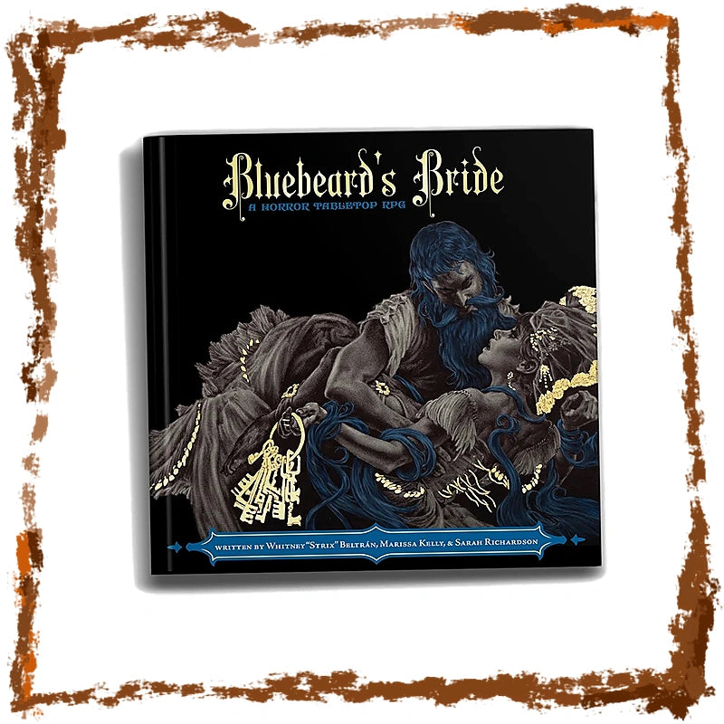 The book cover of 'Bluebeard's Bride' is displayed against a white background with a rustic brown frame. The cover features a black background with an illustration of a bearded man with blue hair and a woman in dark, ornate clothing with gold accents.