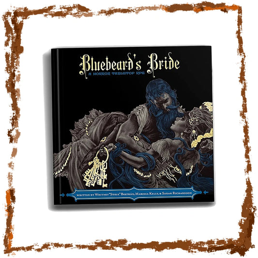 The book cover of 'Bluebeard's Bride' is displayed against a white background with a rustic brown frame. The cover features a black background with an illustration of a bearded man with blue hair and a woman in dark, ornate clothing with gold accents.