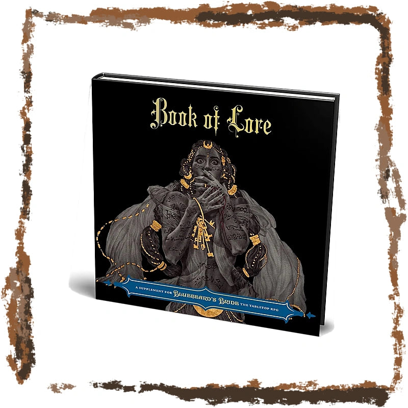 A hardcover book titled 'Book of Lore' with a black cover featuring a dark fantasy illustration of a hooded figure in gray robes with gold accents, shown on a white background with a distressed brown border.