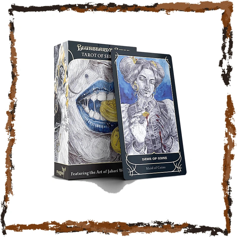 Blueberry's Tarot of Souls deck box with a tarot card standing in front, featuring illustrated artwork of a woman with gold coins and the text 'Drunk of Coins' and 'Mind of Coin'.