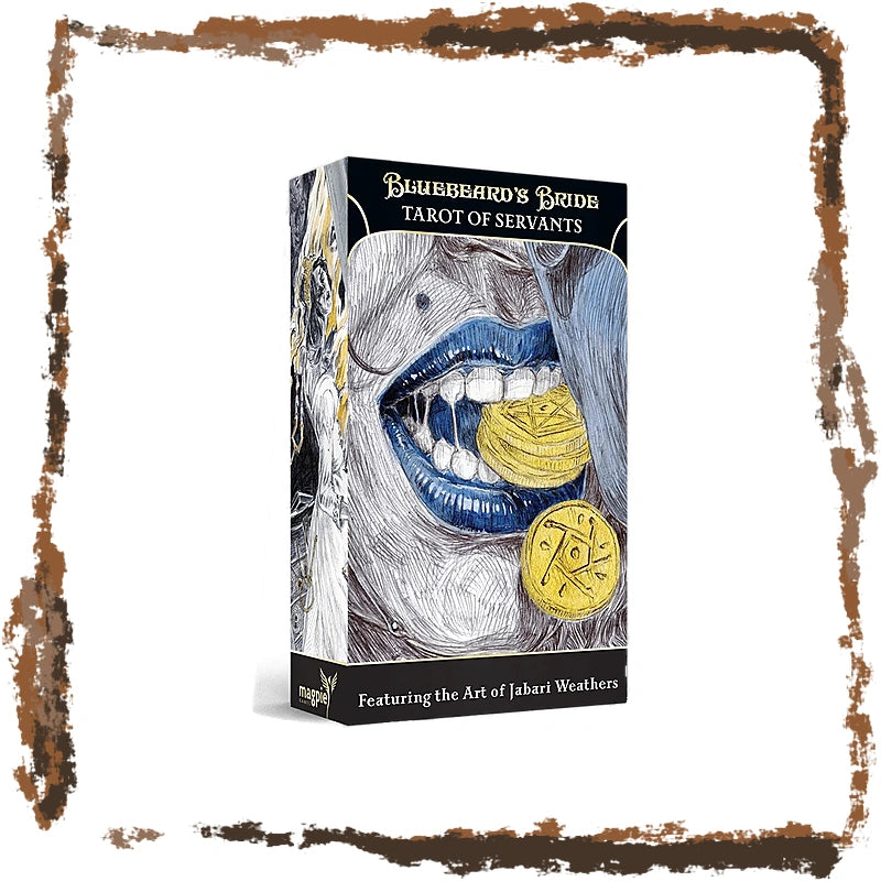 A boxed tarot card deck titled "Bluebird's Bride: Tarot of Servants" shown upright on a white background with a distressed brown border. The box features illustrated artwork of a face with blue lips holding gold coins, and text reading "Featuring the Art of Jakart Weathers.
