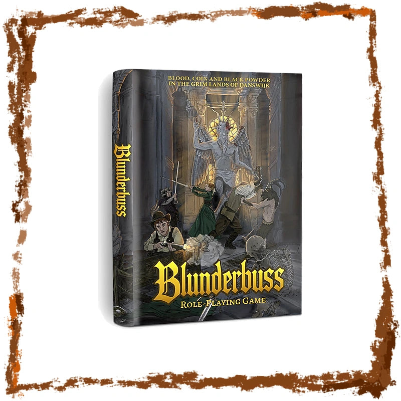 Blunderbuss Role Playing Game book cover shown at a slight angle, featuring fantasy artwork of a knight in armor and gold title text on a dark background.