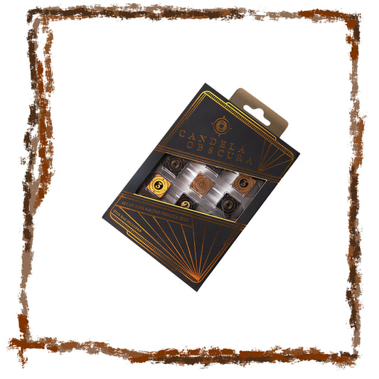 Packaged product with 'Candela Obscura' branding on a decorative brown border.