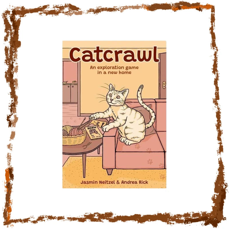 A square book cover for a game called Catcrawl, featuring an illustrated cream-colored cat sitting on a pink armchair and interacting with yarn on a table. The cover has a warm beige background with a rustic brown distressed border around the outer edges.