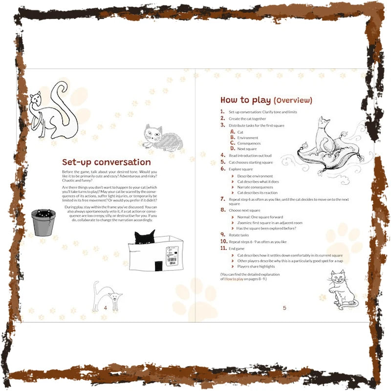 A printed game instruction sheet titled 'How to play (overview)' with step-by-step rules, plus sections on 'Set-up conversation' and 'Set-up,' featuring simple line drawings of cats and a cat box. The page is centered on a white background with a distressed brown border.