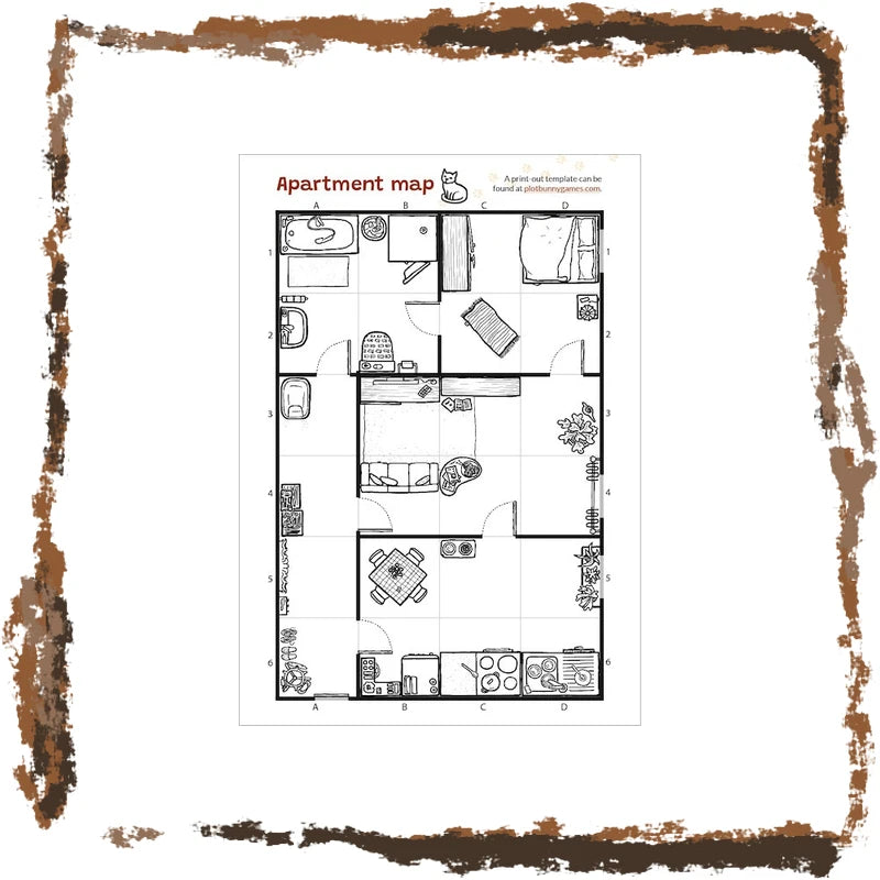 A black and white apartment floor plan map labeled 'Apartment map' with room layout drawings, centered on a white background with a distressed brown border.
