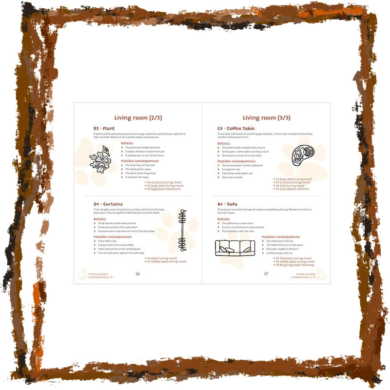 A printed interior design layout sheet showing room specifications and furniture details, including 'Living room [2/1]' with sections for B1 - Plant, C1 - Coffee table, B2 - Curtains, and B3 - Sofas, surrounded by a rustic brown painted wood border on a white background.