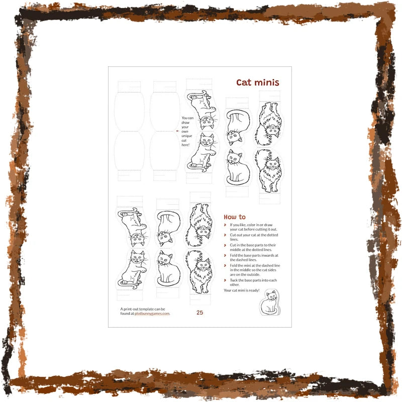 A printed template sheet for making a cat minis figure, featuring black line art cut-out shapes and a small 'How to' instruction section on a white page, surrounded by a rustic brown textured border.