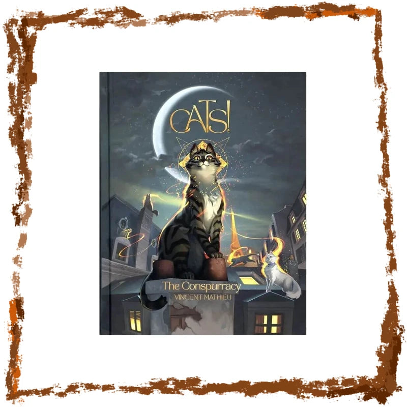 A book cover for 'Cats! The Conspurracy' featuring an illustrated cat in a hat and glasses perched on a building under a crescent moon, surrounded by a distressed brown border on a white background.