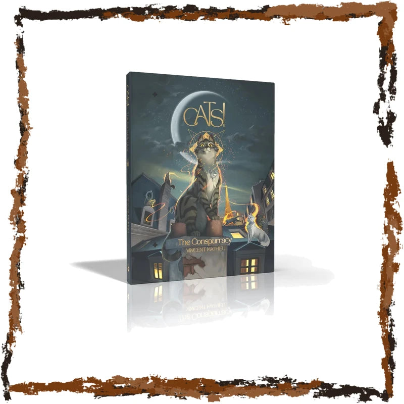 The Complete Fantasy Cat Game book cover shown upright at a slight angle, featuring an illustrated cat in a hat under a crescent moon with the title 'CATS! The Conspurracy' visible, set against a white background with a decorative distressed brown border.