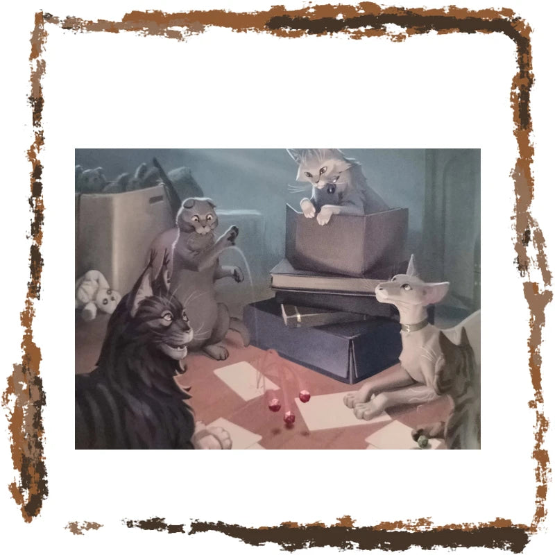 A square art print featuring a whimsical painting of several cats in a room with boxes and a toy, surrounded by a distressed brown and white border.