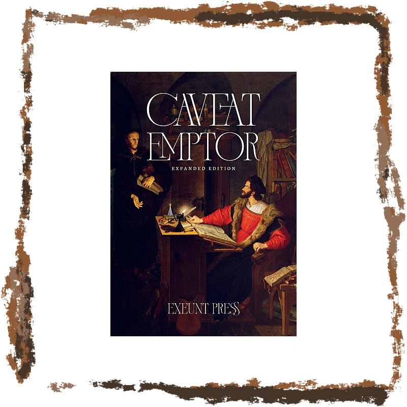The book cover of 'Cavaet Emptor: Expanded Edition' by Exempt Press, featuring a classical painting of two men in historical attire, centered within a rustic, distressed brown border on a white background.