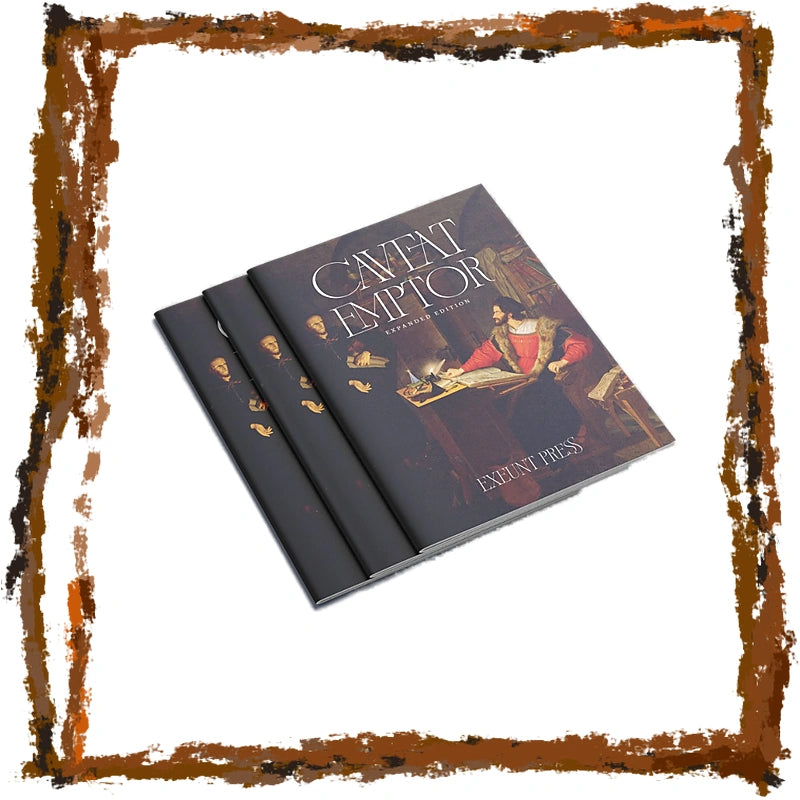 Three copies of the board game 'Cavent Emptor' by Extent Press are fanned out to show the dark gray covers with gold accents and artwork, set against a white background with a rustic brown frame.