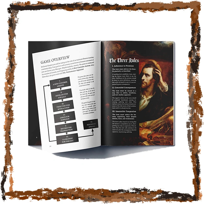 An open book or booklet showing two interior pages with text and diagrams related to a game or historical overview. The left page has a flowchart titled 'Game Overview,' and the right page has a portrait and the heading 'The Three Rules.