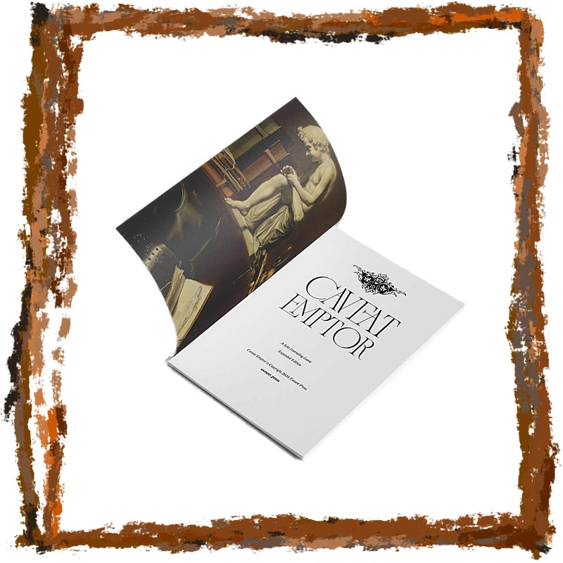 An open book or booklet shown at an angle on a white background, with one page displaying a classical painting and the other featuring the title 'CAVEAT ENEMOR' in large serif text. The product is photographed cleanly with no person or real environment, so subject_type is Product/Packaging.