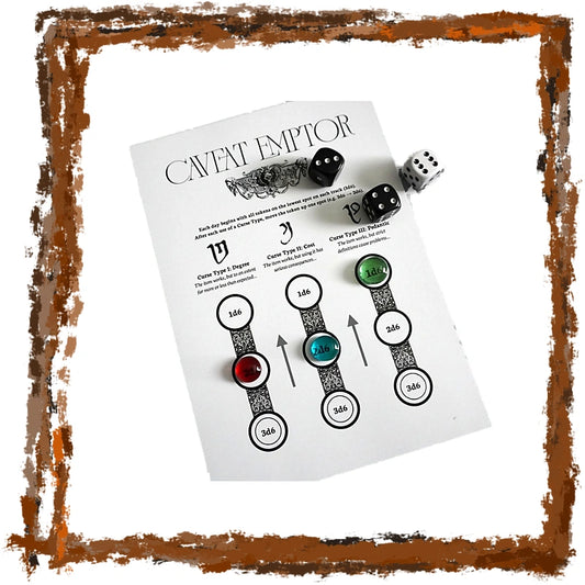 A game board card titled 'CAVEAT EMPTOR' shown on a white background with two black dice and a green die. The card features circular tracks with red, blue, and green markers, and is framed by a rustic brown border.
