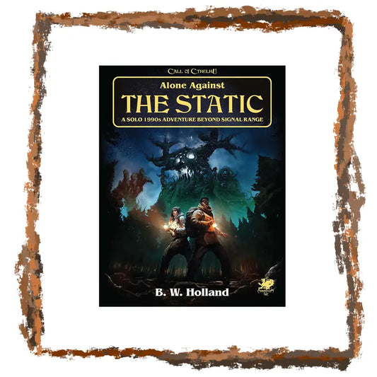Book cover of 'Alone Against the Static' by B. W. Holland with a dark forest scene and two figures holding lanterns.