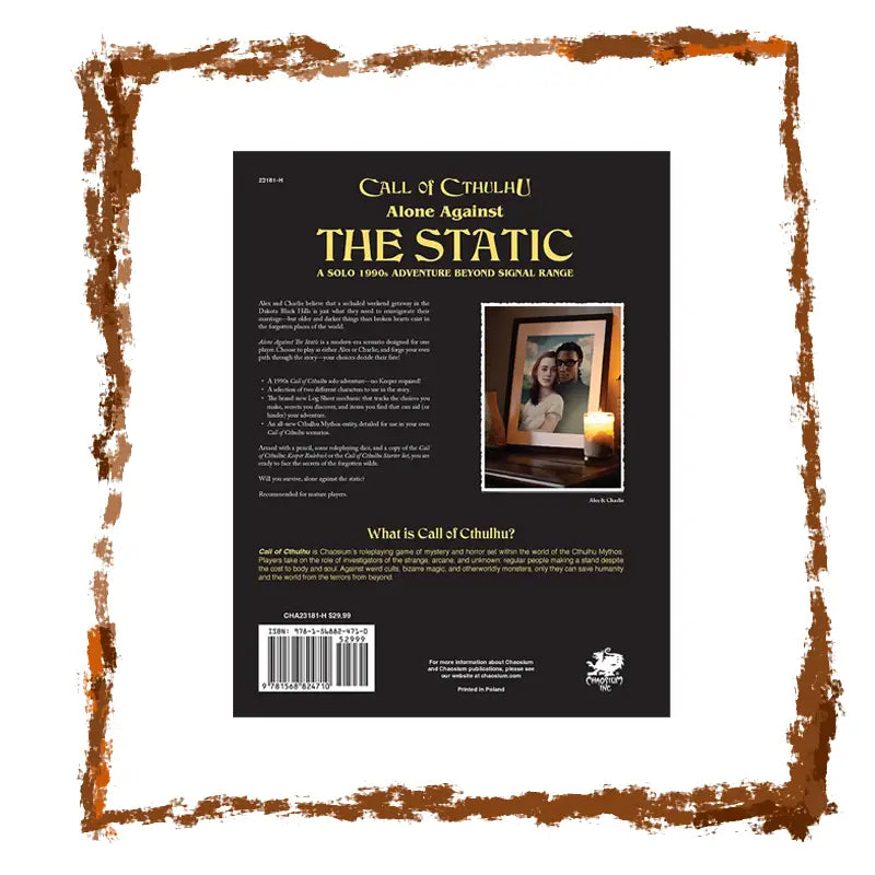 Back cover of a book titled 'Alone Against The Static' with text and a small image of two people.