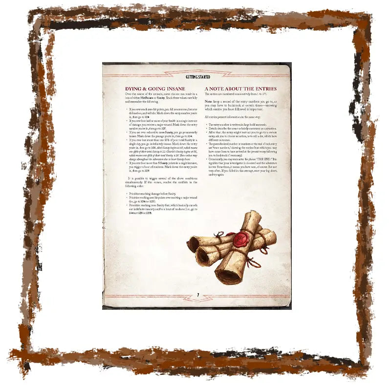 Vintage-style book page with rolled-up papers and a red seal, framed with a brown border.