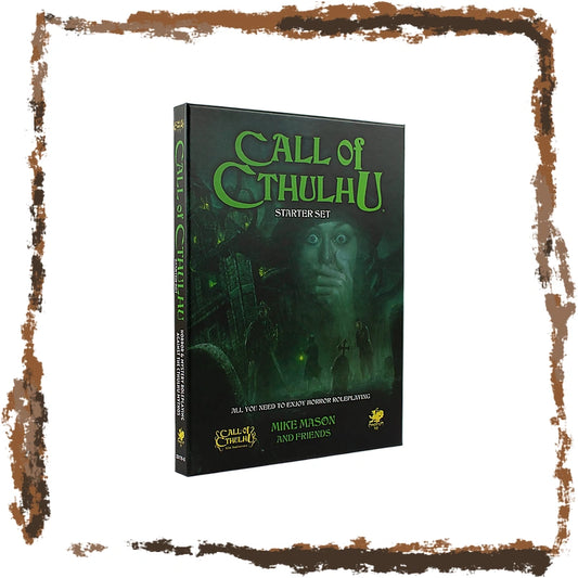 Call of Cthulhu Starter Set box set shown upright on a white background with a distressed brown border. The box is predominantly dark green and black with large green title text and artwork of a face covering its mouth.