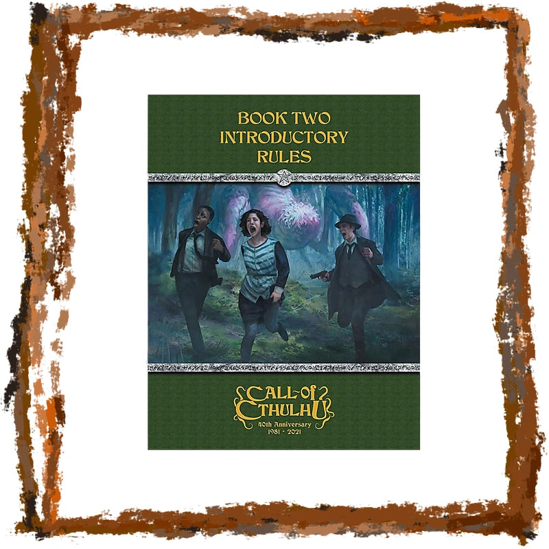 Call of Cthulhu: Book Two Introductory Rules card game box set, featuring a dark green cover with gold lettering and an illustration of three figures in a forest, framed by a rustic brown border on a white background.