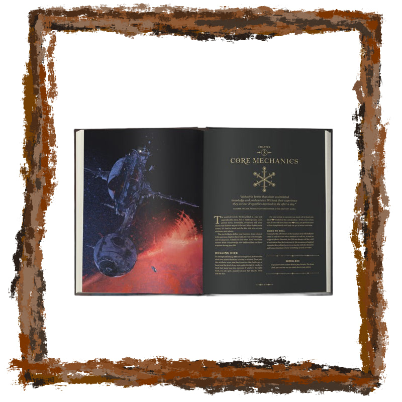 Open book with space-themed illustration on a white background