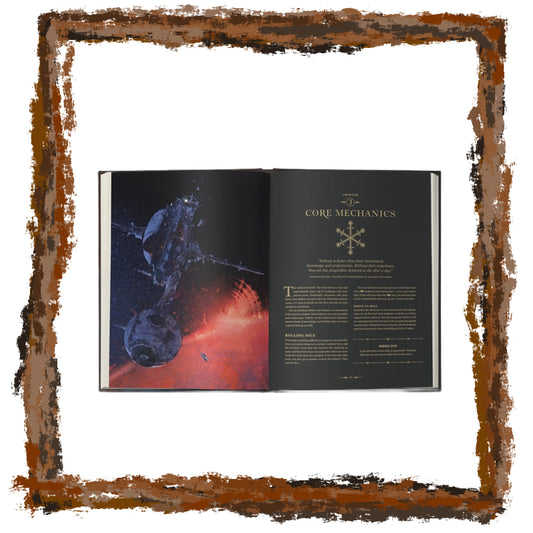 Open book with space-themed illustration on a white background