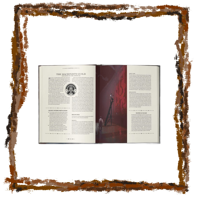 Open book with text and a red illustration on a white background, framed with a brown border.