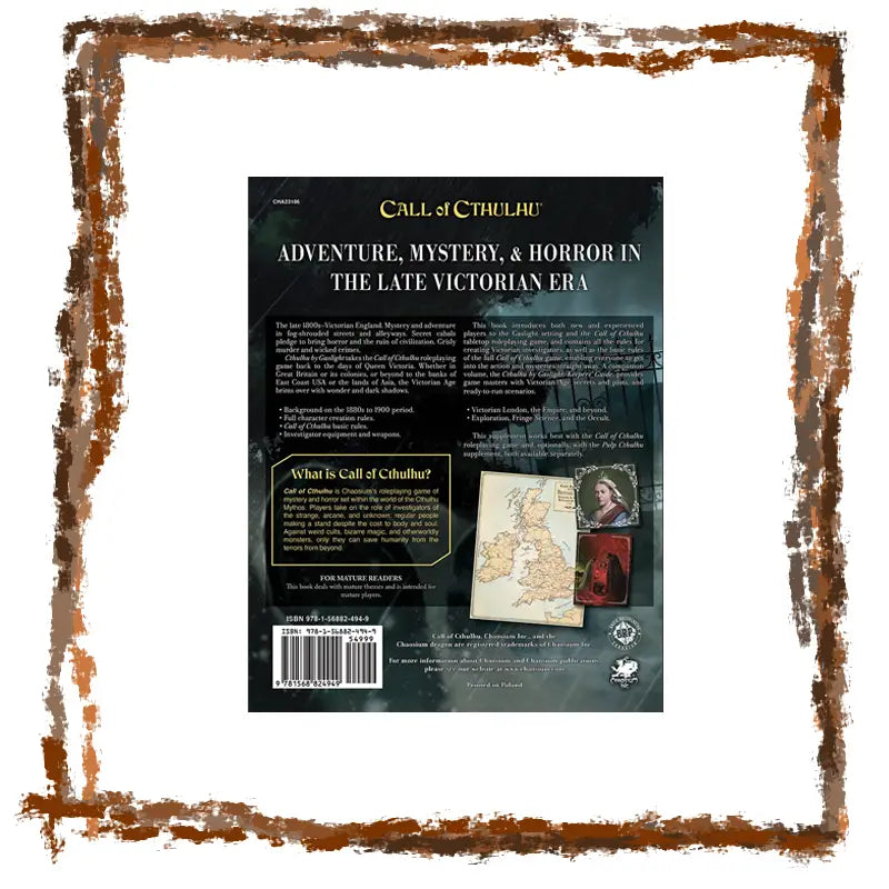 Back cover of a book titled 'Call of Cthulhu' with text and graphics on a dark background.