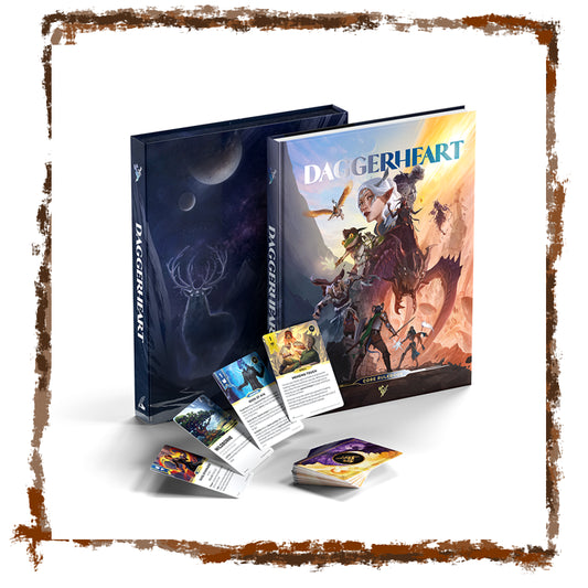 Board game components including a book titled 'Daggerheart' with cards and dice on a white background.