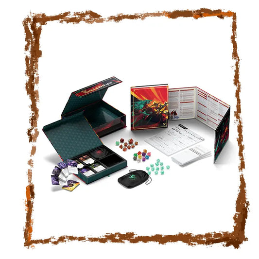 Collection of tabletop gaming components including dice, cards, and a box on a white background.