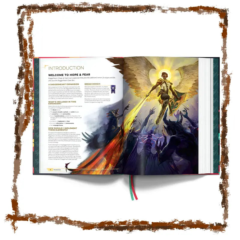 Open book with fantasy illustration of a character on a dragon, surrounded by text.