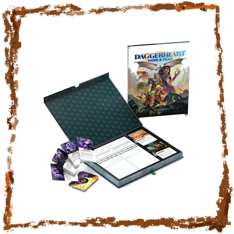 Daggerheart: Home & Fear board game set displayed on a white background with a rustic brown border. The open dark green patterned box shows the game board and cards, with the main game box standing upright behind it and several cards and a token placed in front.
