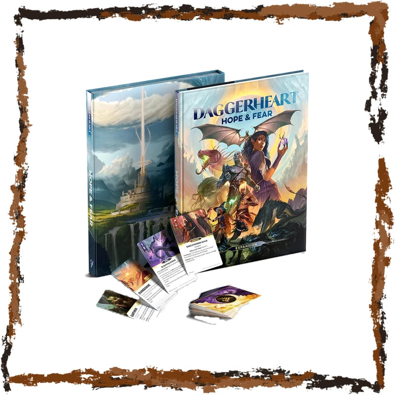 Daggerheart Hope & Fear tabletop gaming box set with illustrated box, cards, and dice on a white background with a distressed brown border.