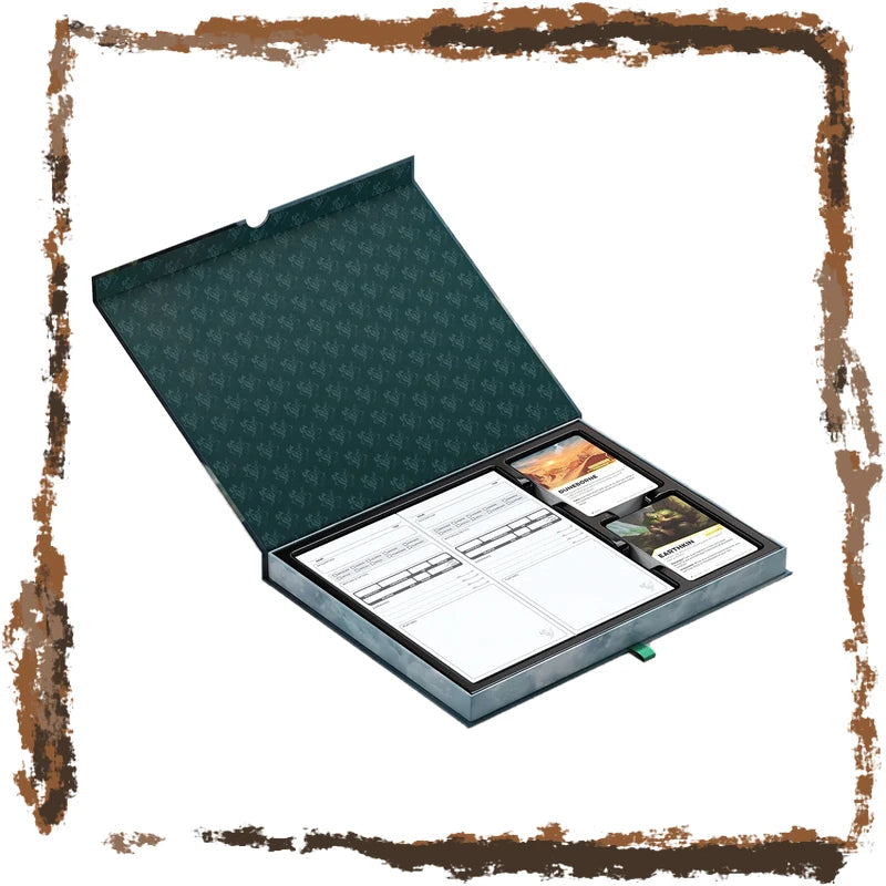An open dark teal presentation box with a repeating monogram pattern on the inside lid, containing white printed inserts and small printed cards, shown on a white background with a distressed brown border.
