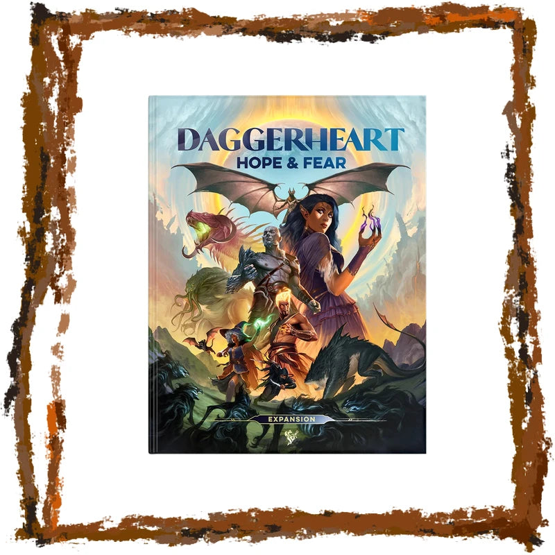 Daggerheart: Hope & Fear tabletop gaming expansion box art centered on a white background with a distressed brown rustic frame border.