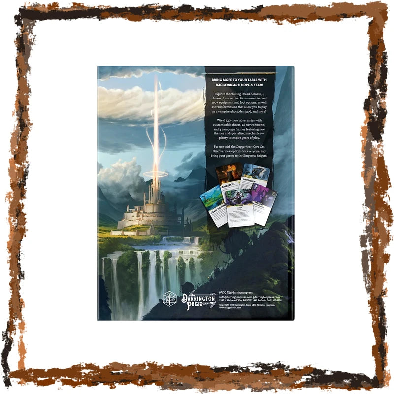 A bookcover shown flat against a white background with a distressed brown border. The artwork depicts a fantasy landscape with a waterfall, clouds, and a glowing tower, plus a black text panel and several small cards displayed on the front.