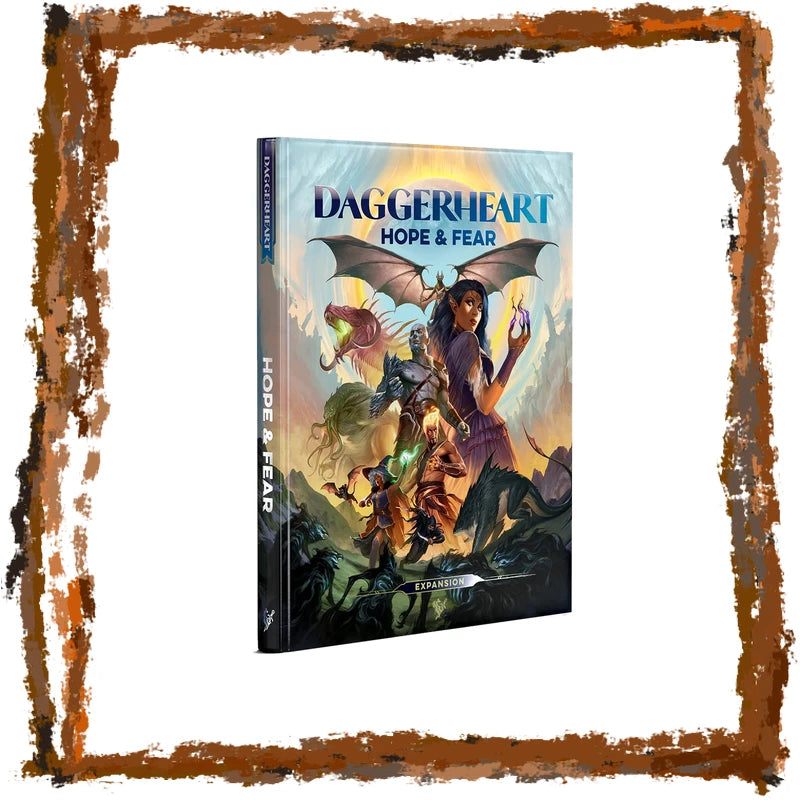 Daggerheart: Hope & Fear tabletop gaming box set shown at a three-quarter angle, featuring fantasy artwork of adventurers and a dragon on the cover, set against a white background with a rustic brown frame.