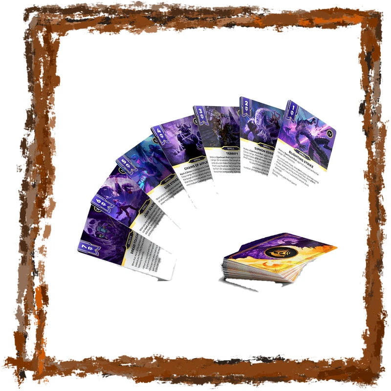 A set of fantasy trading cards fanned out and stacked on a white background, surrounded by a distressed brown frame. The cards feature dark purple and black artwork with yellow borders.