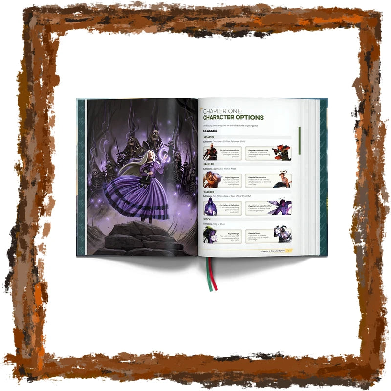 An open book or booklet displayed on a white background, surrounded by a distressed brown frame. The left page shows a dark fantasy illustration with a purple-robed figure, and the right page contains text and small character thumbnails under the heading 'CHAPTER ONE CHARACTER OPTIONS'.