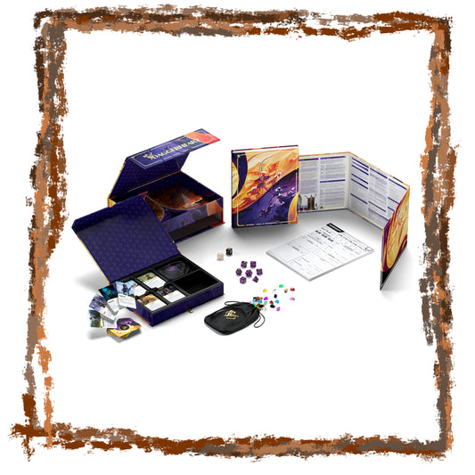 Collection of board game components including boxes, cards, and pieces on a white background.