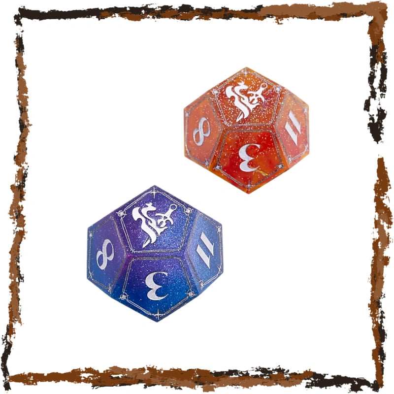 Two 20-sided d20 dice, one orange-red and one blue-purple, both with silver glitter texture and white Daggerheart symbols, displayed on a white background with a rustic brown frame.